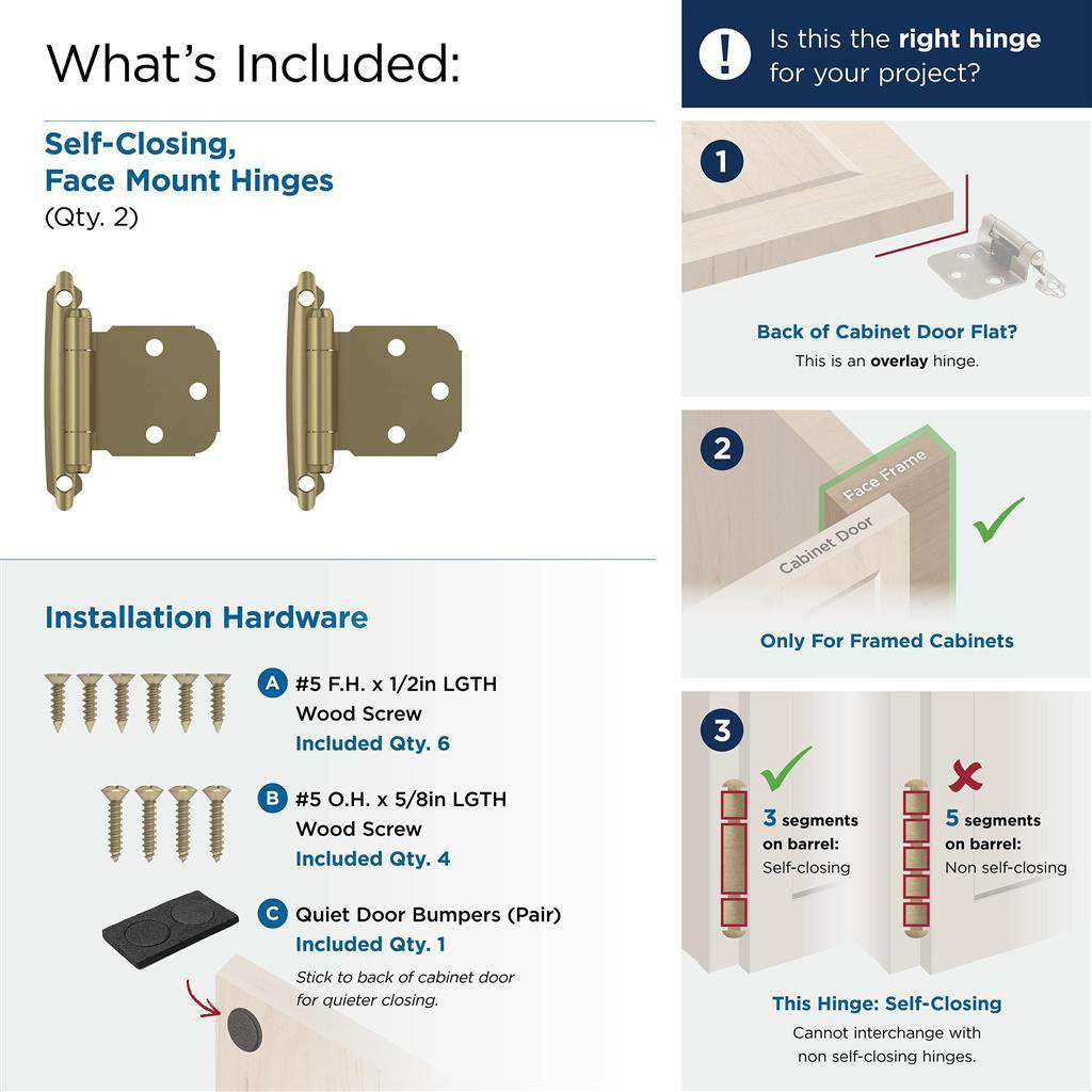 AMEROCK Extended Tab Self Closing Face Mount Variable Overlay Cabinet Hinge (pair) in Golden Champagne BPR7629BBZ What's Included