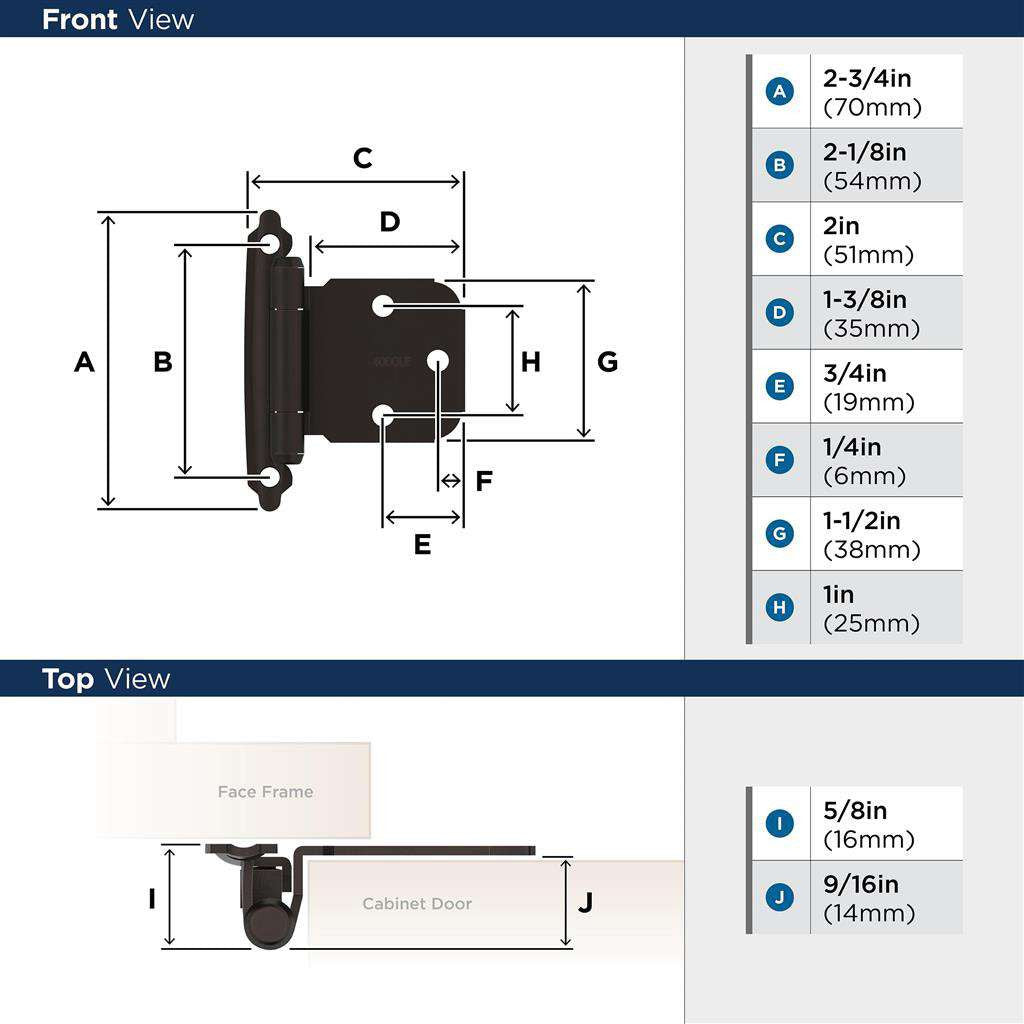 AMEROCK Extended Tab Self Closing Face Mount Variable Overlay Cabinet Hinge (pair) in Oil Rubbed Bronze BPR7629ORB Specs