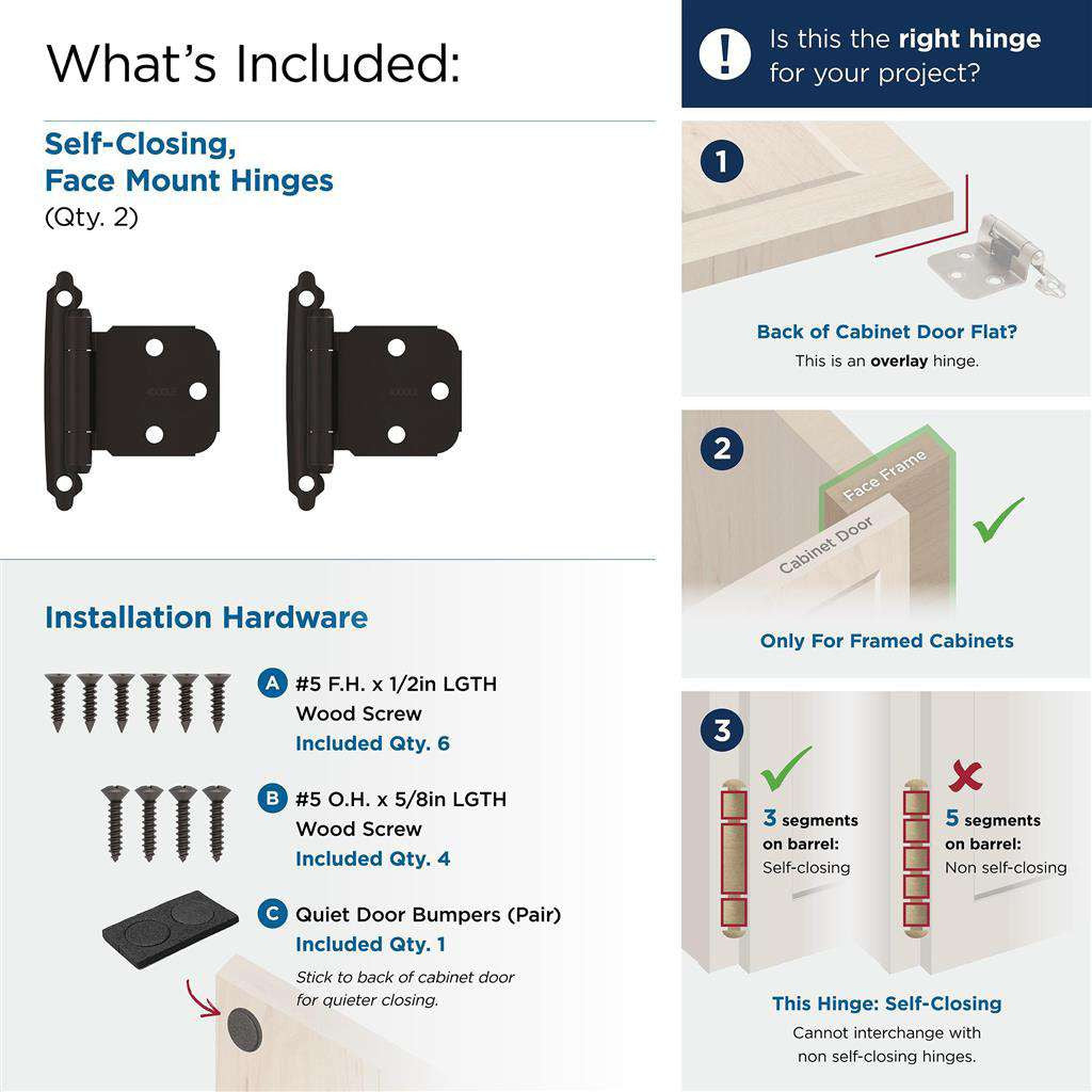 AMEROCK Extended Tab Self Closing Face Mount Variable Overlay Cabinet Hinge (pair) in Oil Rubbed Bronze BPR7629ORB What's Included