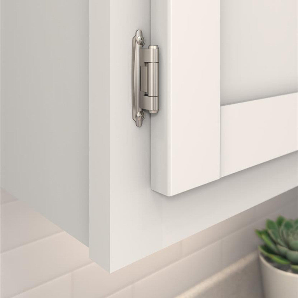 AMEROCK Extended Tab Self Closing Face Mount Variable Overlay Cabinet Hinge (pair) in Satin Nickel BPR7629G10 Mounted