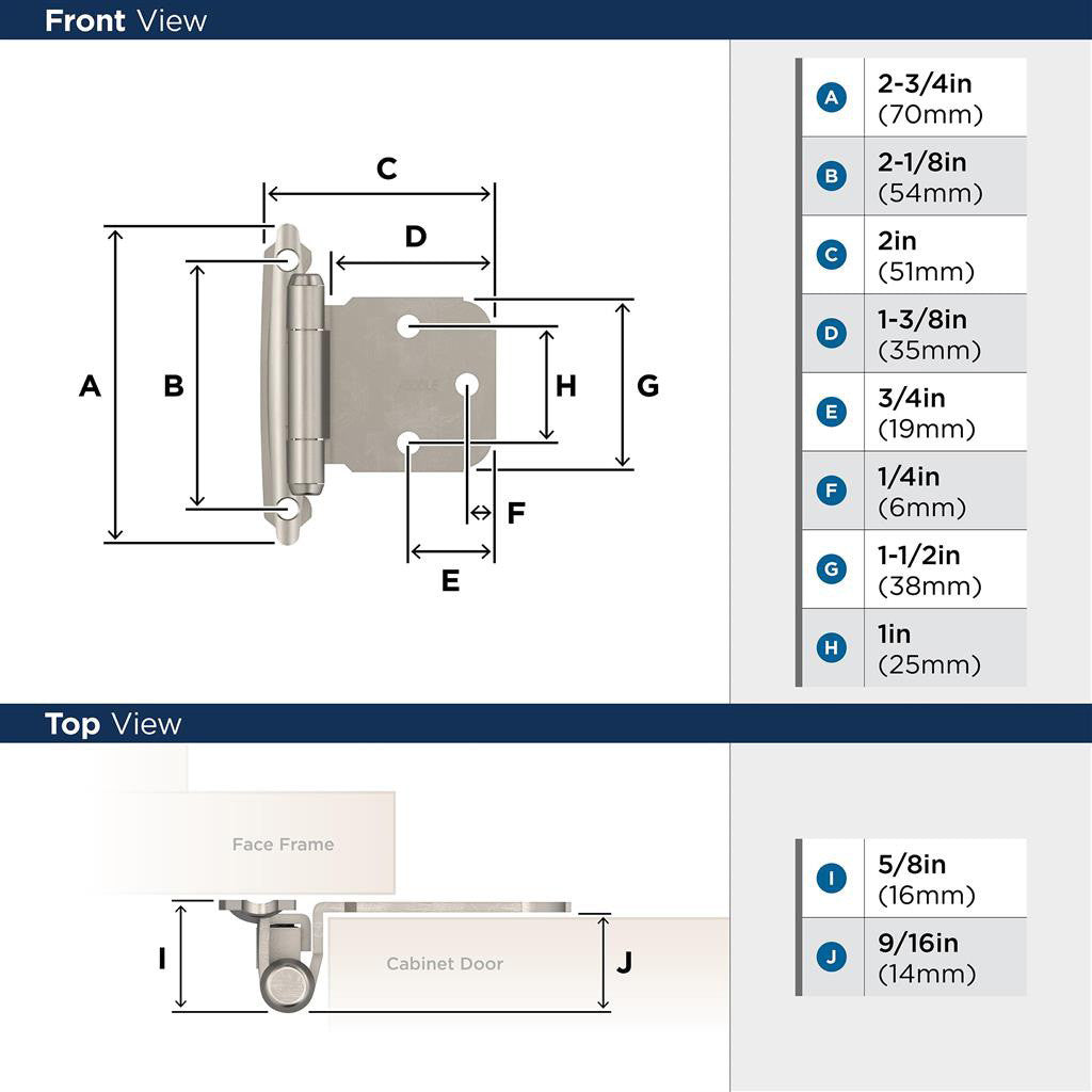 AMEROCK Extended Tab Self Closing Face Mount Variable Overlay Cabinet Hinge (pair) in Satin Nickel BPR7629G10 Specs