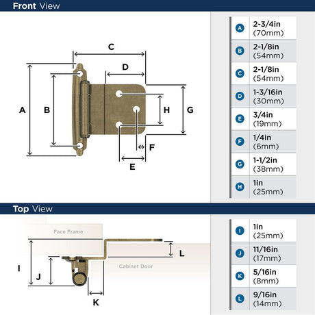 AMEROCK Face Mount Self Closing 3/8" Inset Cabinet Hinge (pair) in Burnished Brass BPR3428BB Specs