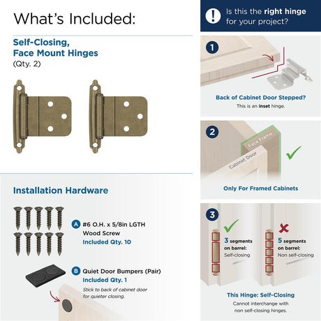 AMEROCK Face Mount Self Closing 3/8" Inset Cabinet Hinge (pair) in Burnished Brass BPR3428BB What's Included