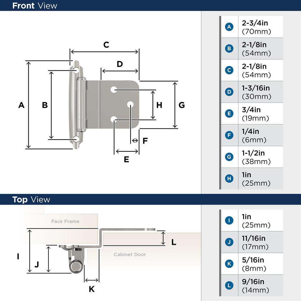 AMEROCK Self Closing Face Mount 3/8" Inset Cabinet Hinge (pair) in Chrome BPR342826 Specs