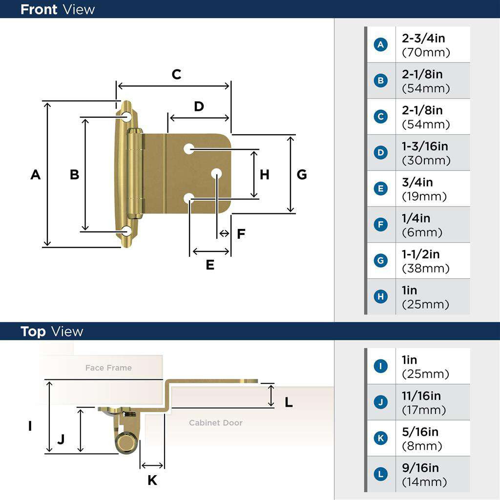 Amerock Face Mount Self Closing 3/8" Inset Cabinet Hinge (pair) in Polished Brass BPR34283 Specs