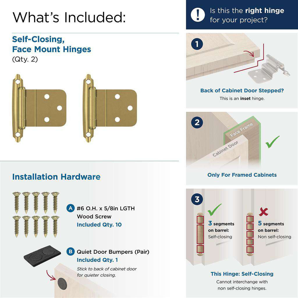 Amerock Face Mount Self Closing 3/8" Inset Cabinet Hinge (pair) in Polished Brass BPR34283 What's Included