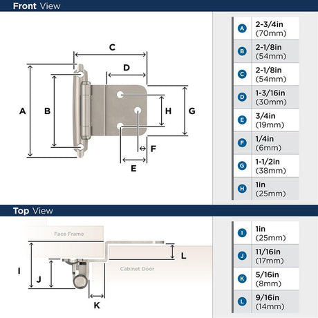 AMEROCK Face Mount Self Closing 3/8" Inset Cabinet Hinge (pair) in Satin Nickel BPR3428G10 Specs