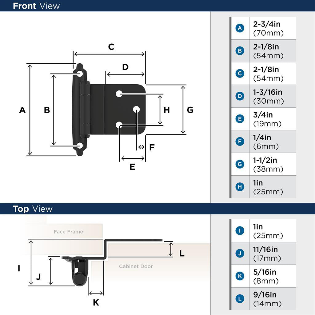 Amerock Self Closing Face Mount 3/8" Inset Cabinet Hinge (pair) in Flat Black BPR3428FB Specs
