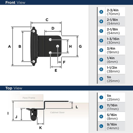 Amerock Self Closing Face Mount 3/8" Inset Cabinet Hinge (pair) in Flat Black BPR3428FB Specs