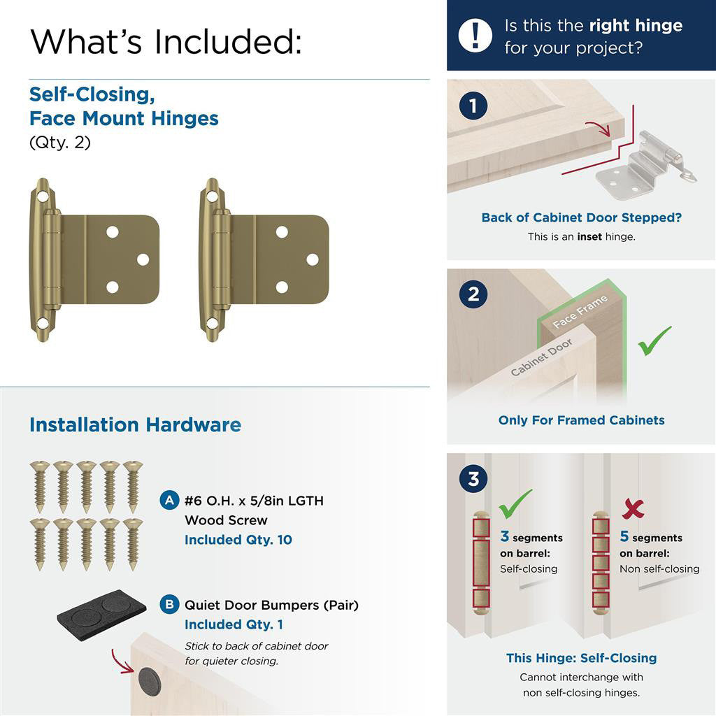 AMEROCK Self Closing Face Mount 3/8" Inset Cabinet Hinge (pair) in Golden Champagne BPR3428BBZ What's Included