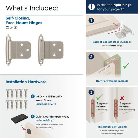 AMEROCK Self Closing Face Mount 3/8" Inset Cabinet Hinge (pair) in Sterling Nickel BPR3428G9 What's Included