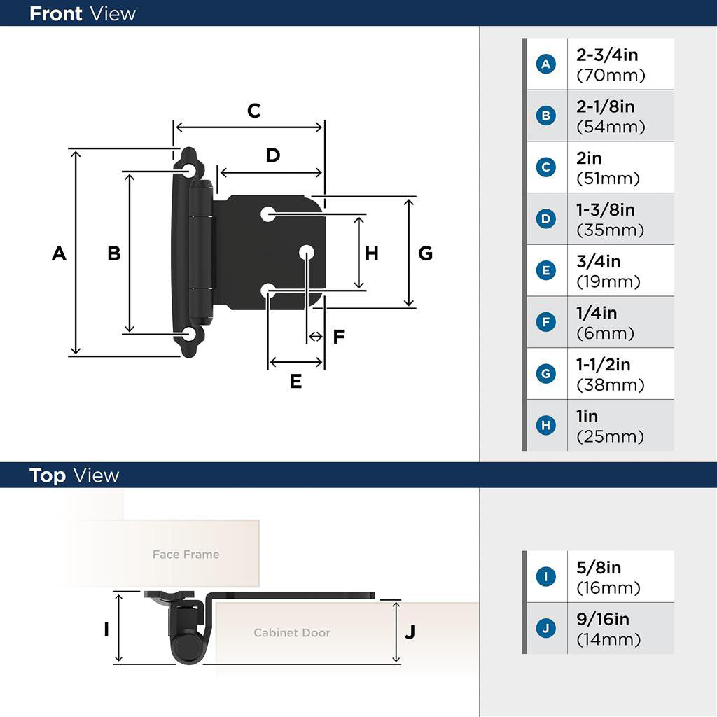 AMEROCK Self Closing Face Mount Extended Tab Variable Overlay Cabinet Hinge (pair) in Flat Black BPR7629FB Specs
