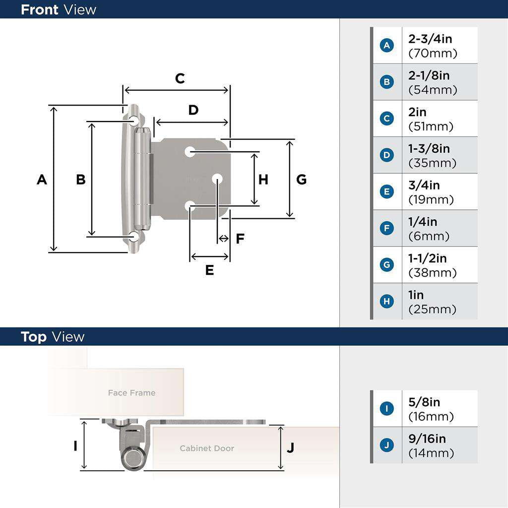 AMEROCK Self Closing Face Mount Extended Tab Variable Overlay Cabinet Hinge (pair) in Polished Chrome BPR762926 Specs
