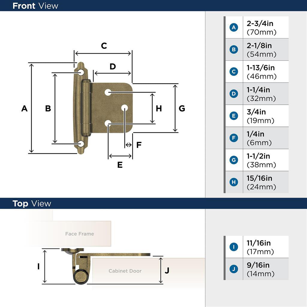 AMEROCK Self Closing Face Mount Variable Overlay Cabinet Hinge (pair) in Burnished Brass BPR3429BB Specs