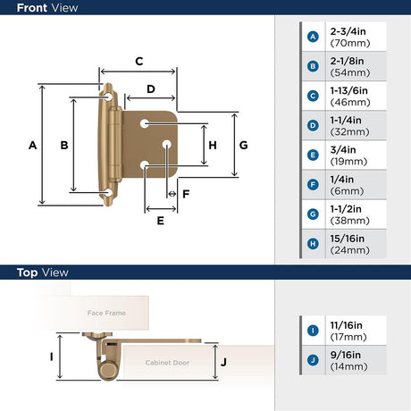 AMEROCK Self Closing Face Mount Variable Overlay Cabinet Hinge (pair) in Champagne Bronze BPR3429CZ Specs