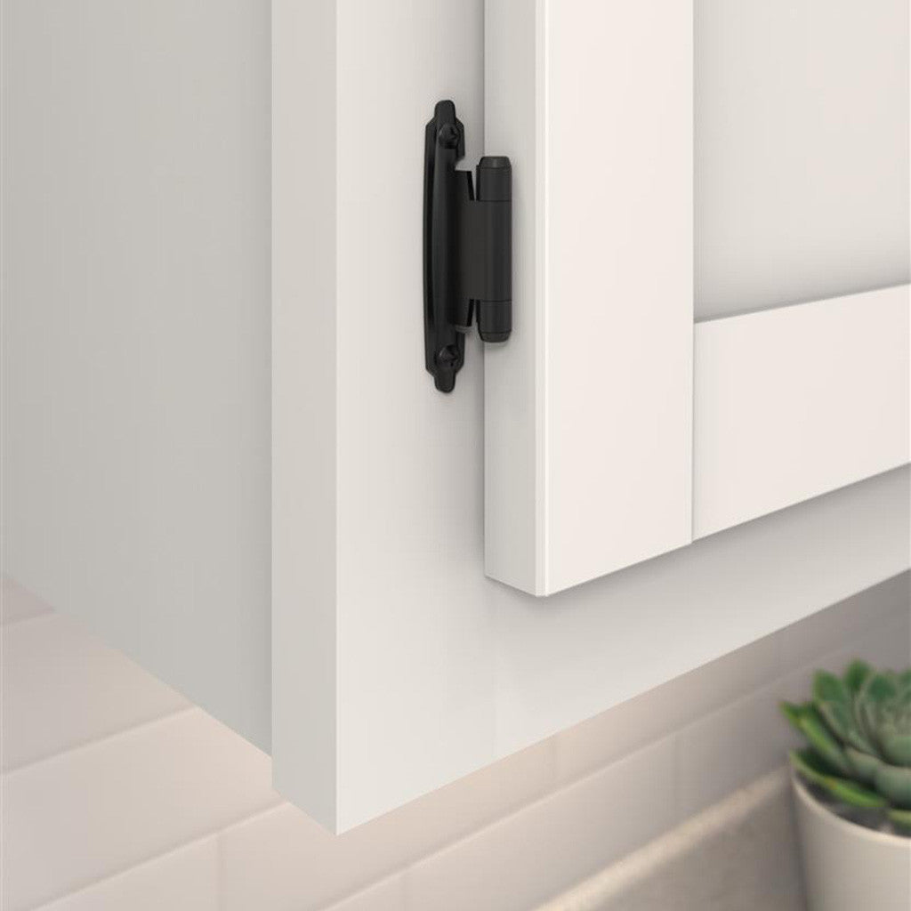 AMEROCK Self Closing Face Mount Variable Overlay Cabinet Hinge (pair) in Flat Black BPR3429FB Mounted on White