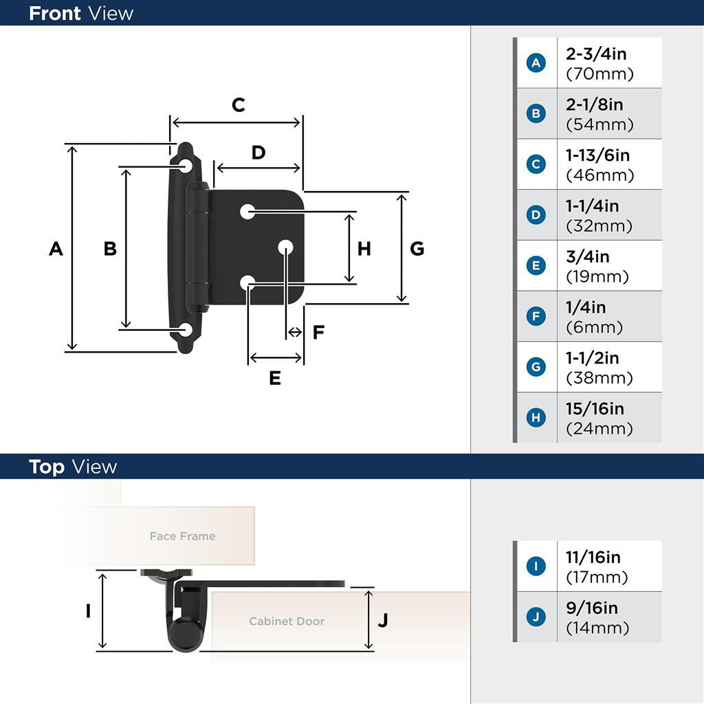 AMEROCK Self Closing Face Mount Variable Overlay Cabinet Hinge (pair) in Flat Black BPR3429FB Specs