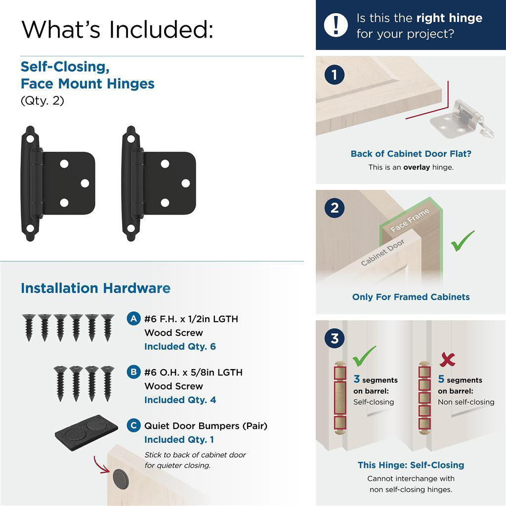 AMEROCK Self Closing Face Mount Variable Overlay Cabinet Hinge (pair) in Flat Black BPR3429FB What's Included