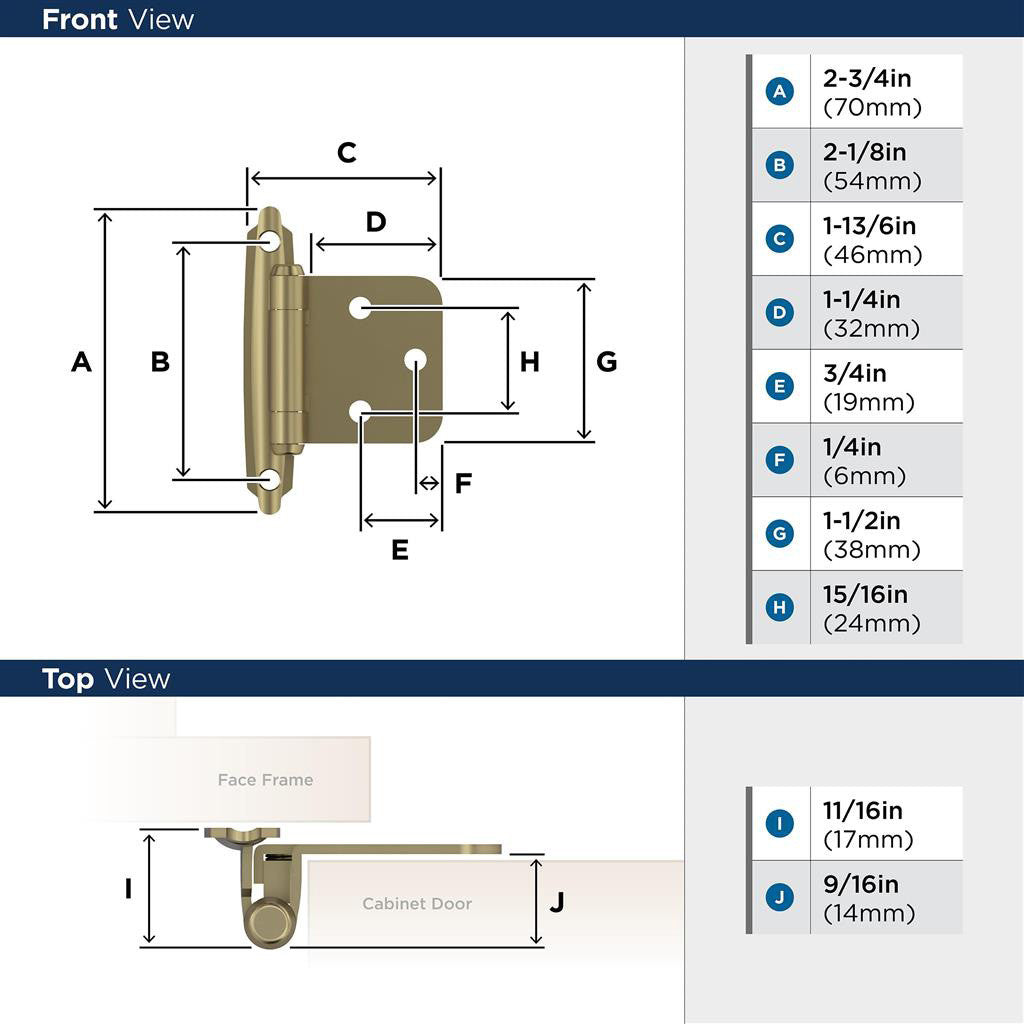 AMEROCK Self Closing Face Mount Variable Overlay Cabinet Hinge (pair) in Golden Champagne BPR3429BBZ Specs