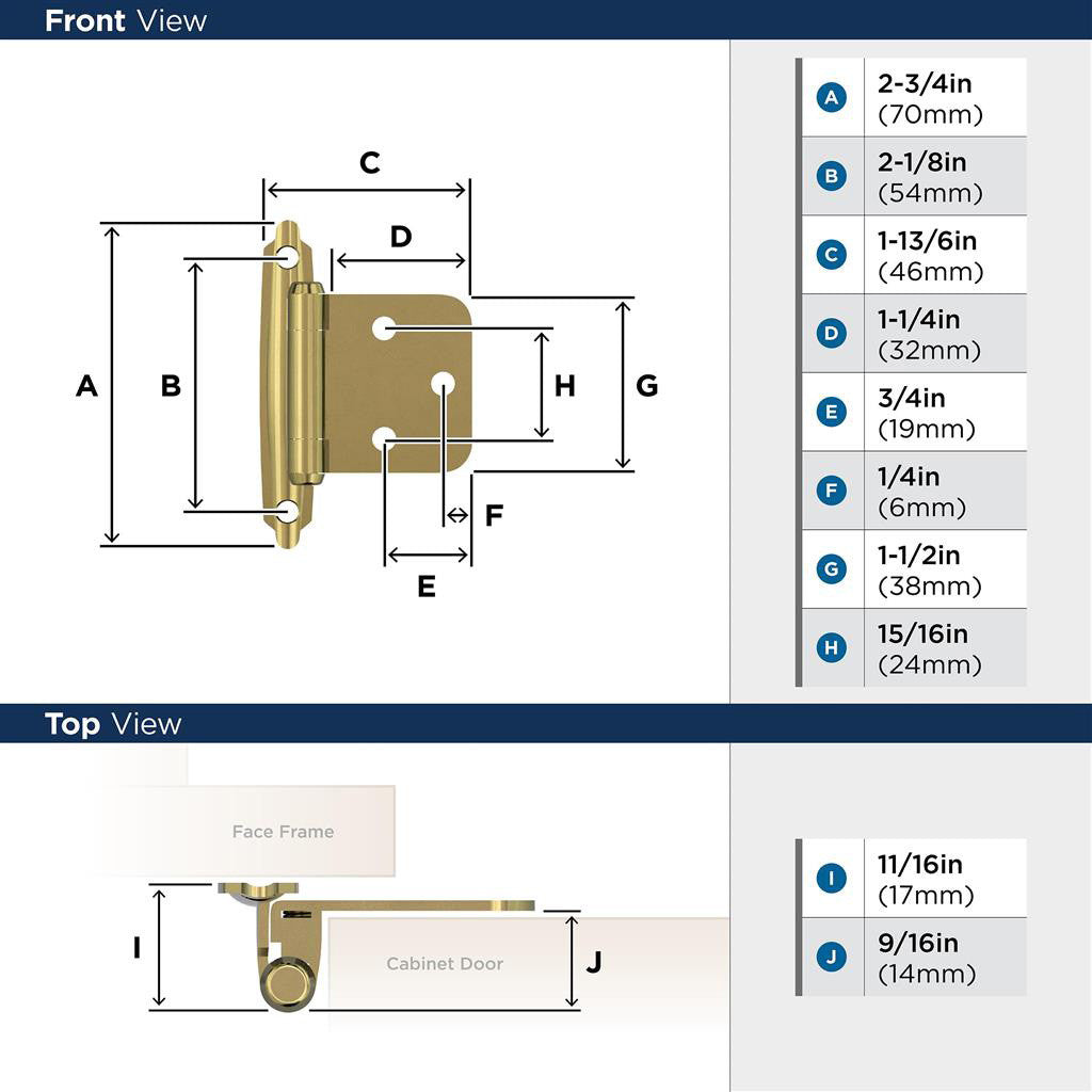AMEROCK Self Closing Face Mount Variable Overlay Cabinet Hinge (pair) in Polished Brass BPR34293 Specs