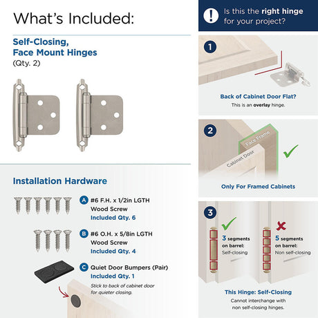 Amerock Self Closing Face Mount Variable Overlay Cabinet Hinge pair in Satin Nickel BPR3429G10 Collage