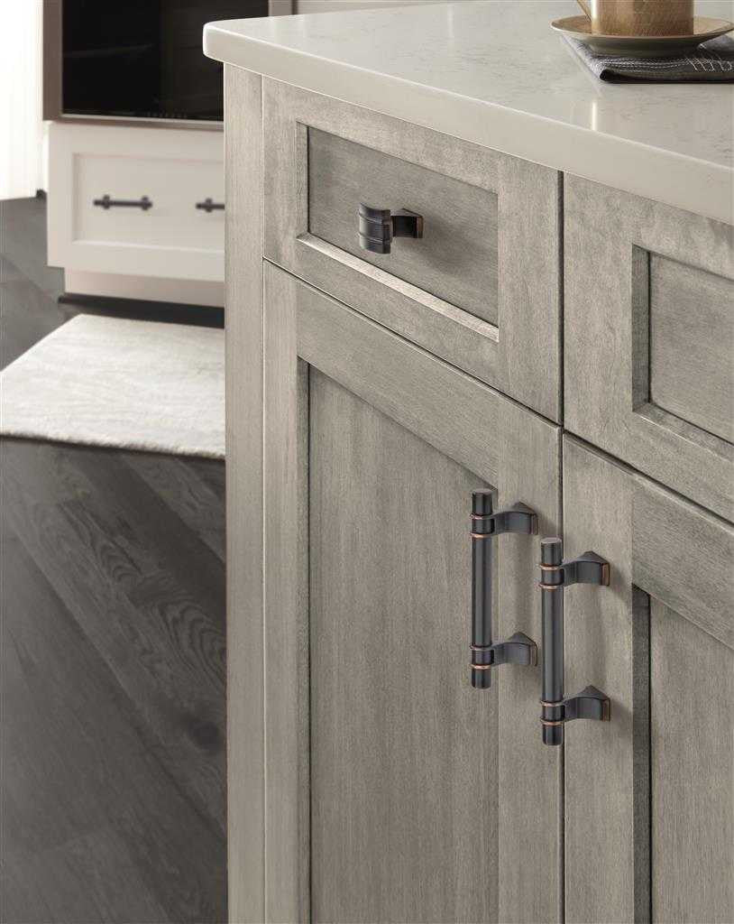 Amerock's Davenport Collection in Oil Rubbed Bronze on Gray Wood