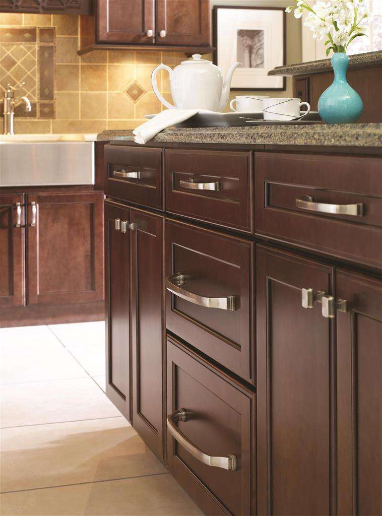 AMEROCK Revitalize Cabinet Hardware Collection Satin Nickel on Cherry