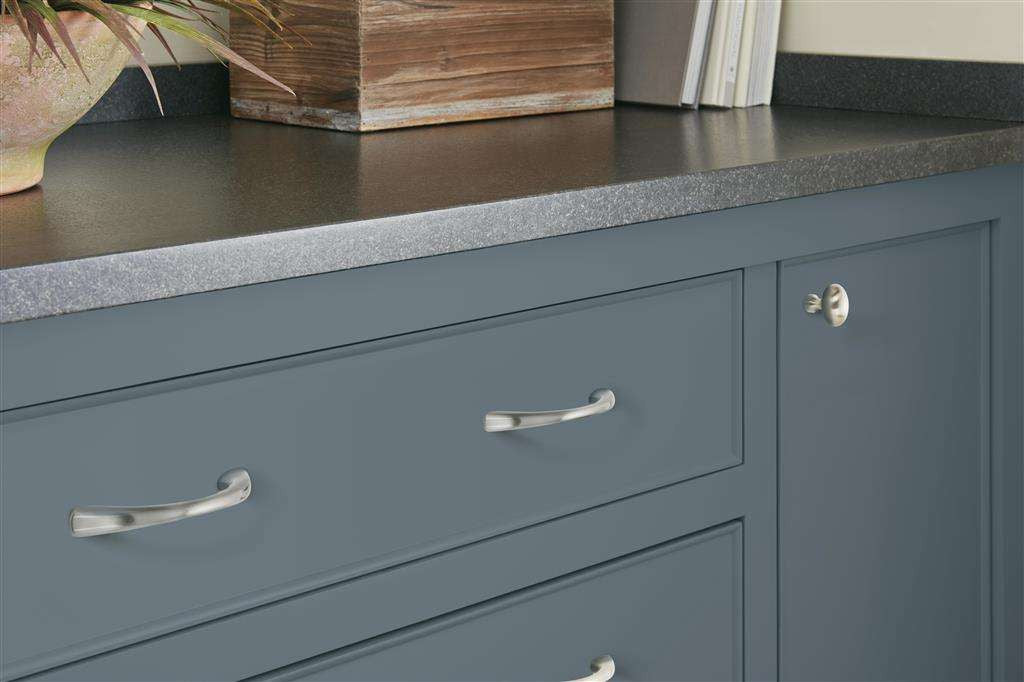 AMEROCK Satin Nickel Vaile Collection Cabinet Pull and Knob on Blue Cabinet