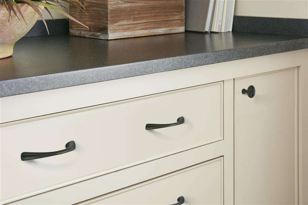 AMEROCK Vaile Handle Cabinet Pulls - Matte Black  on White Cabinet