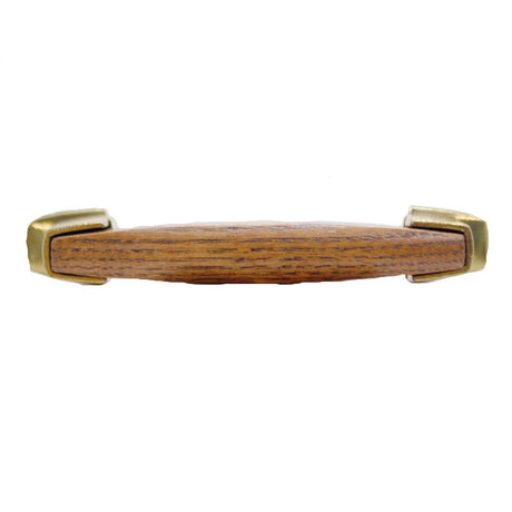 BELWITH 3" Center to Center Oak Handle Cabinet Pull - Antique Brass & Oak P8128-OAK