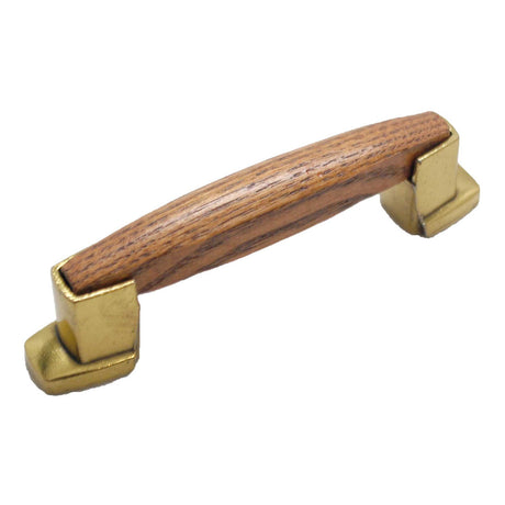 BELWITH 3" Center to Center Oak Handle Cabinet Pull - Antique Brass & Oak P8128-OAK