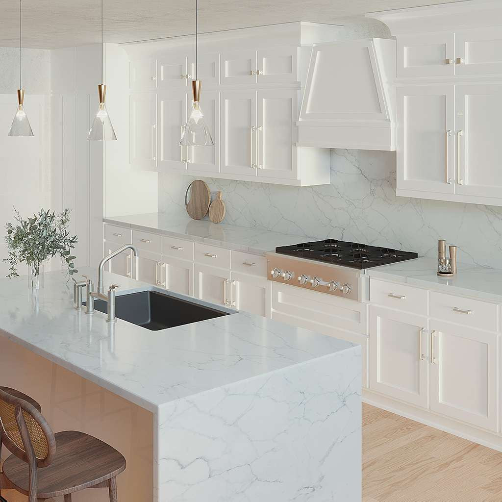 BELWITH KEELER Brownstone Satin Nickel in White Kitchen