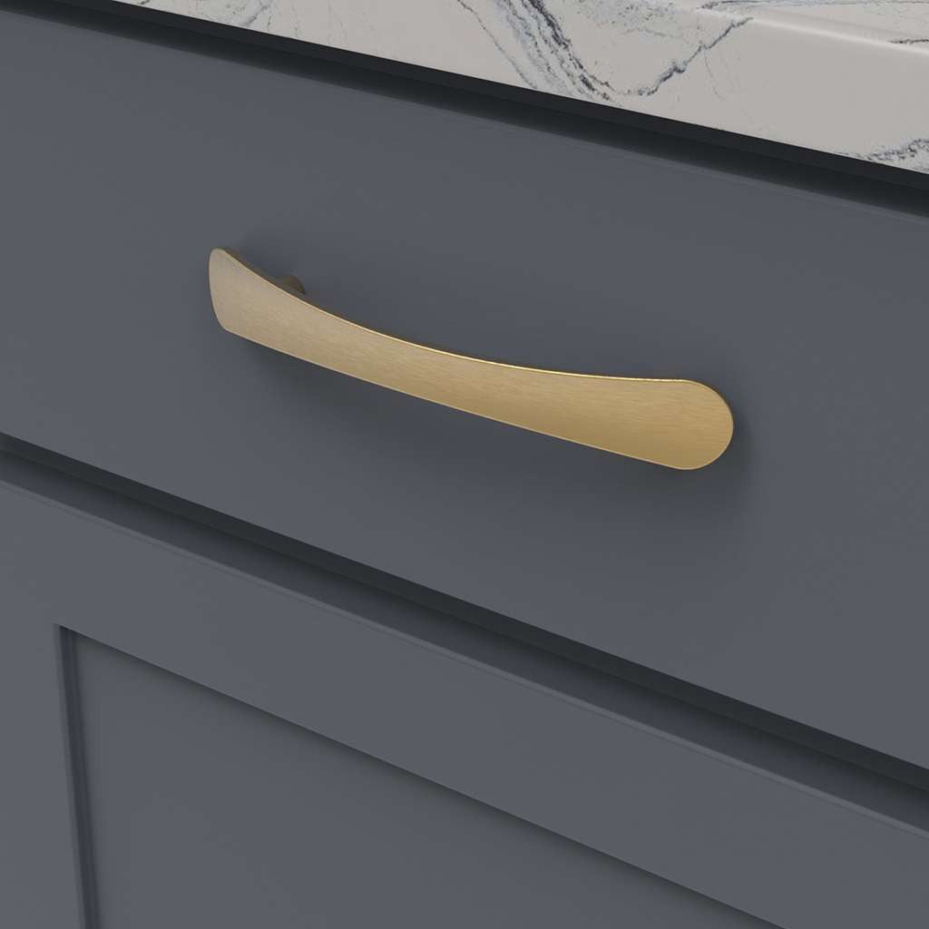 BELWITH-KEELER Vale Curved Handle Pull in Brushed Golden Brass 128mm B076861-BGB Mounted
