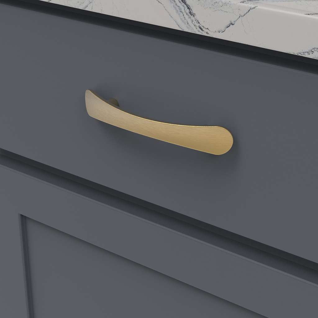 BELWITH-KEELER Vale Curved Handle Pull in Brushed Golden Brass 96mm B076860-BGB Mounted