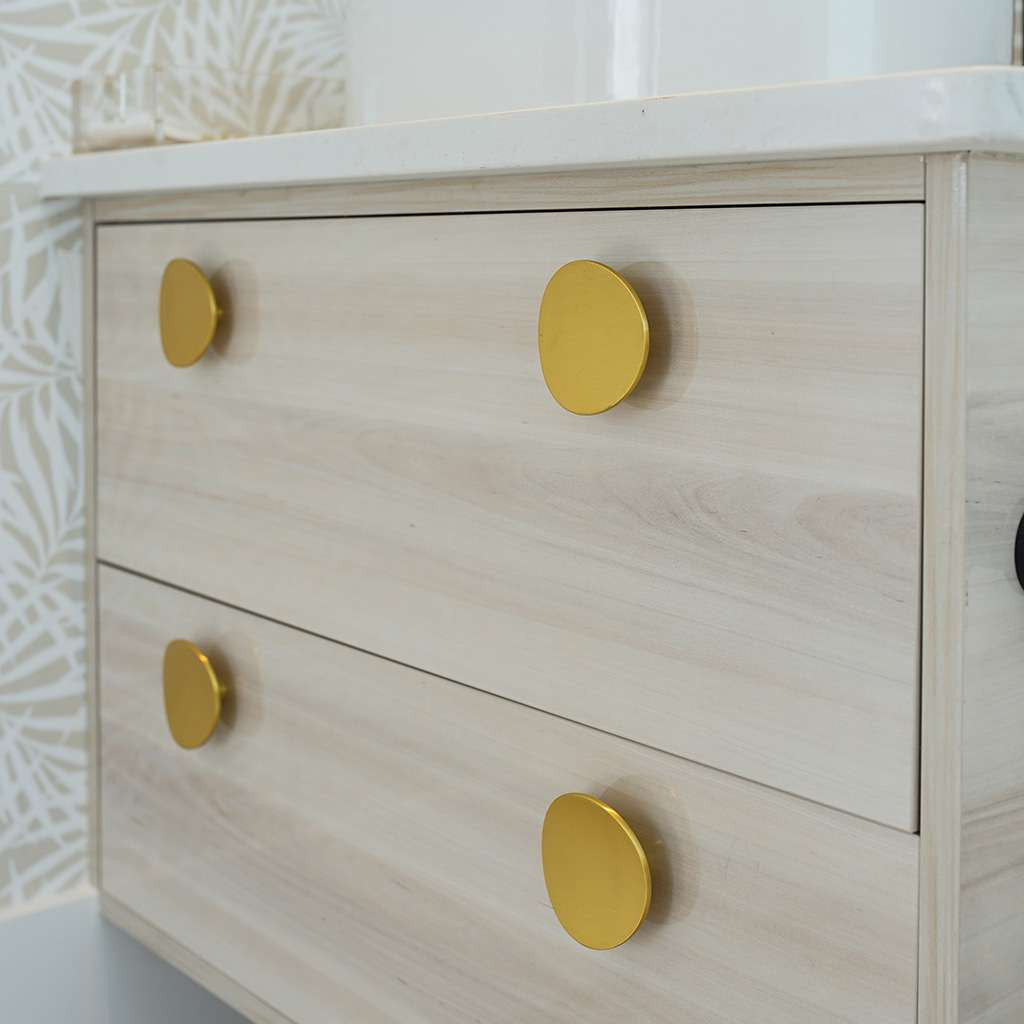 BELWITH-KEELER Vale Round Cabinet Knob in Brushed Golden Brass 3" Diameter B076527-BGB Mounted Wood