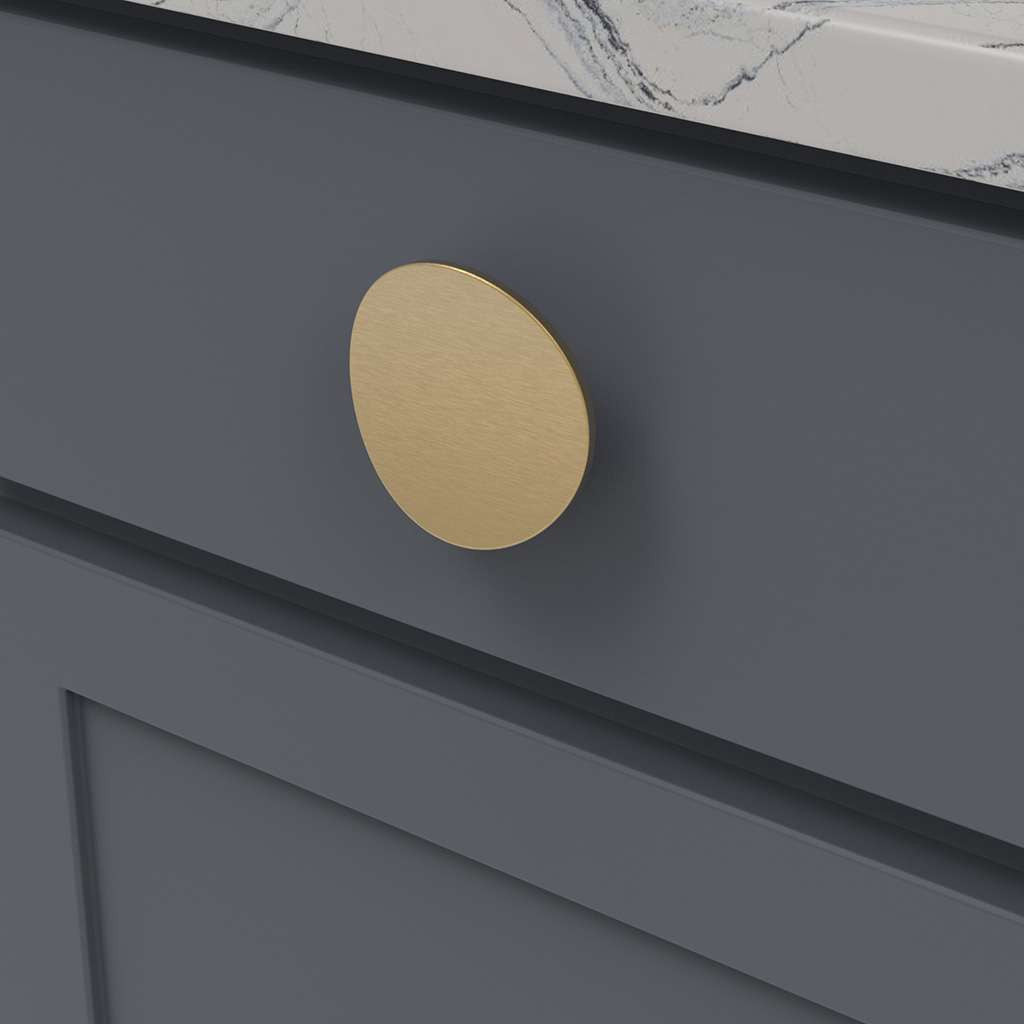 BELWITH-KEELER Vale Round Cabinet Knob in Brushed Golden Brass 3" Diameter B076527-BGB Mounted