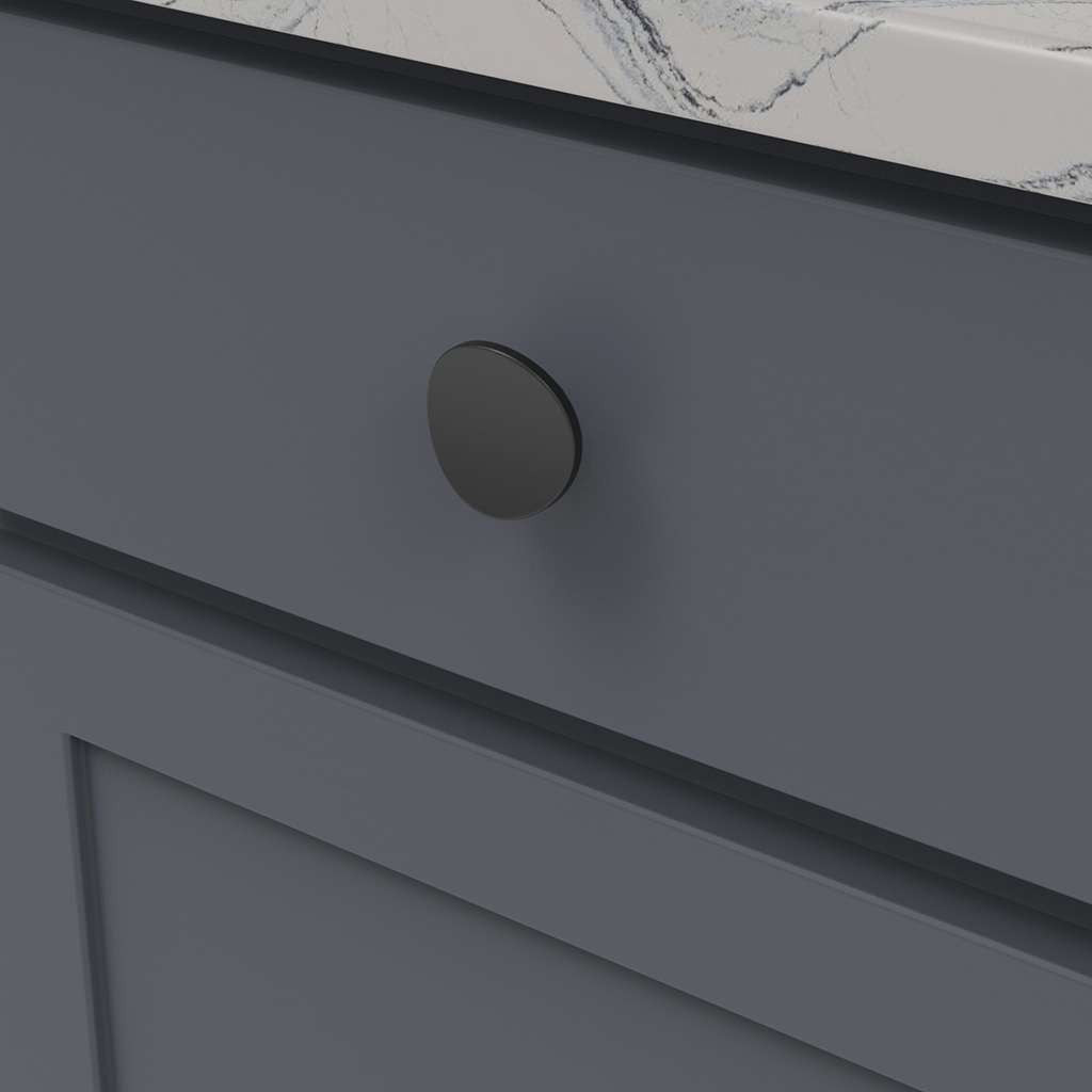 BELWITH-KEELER Vale Round Cabinet Knob in Matte Black 1-3/4" Diameter B076526-MB Mounted