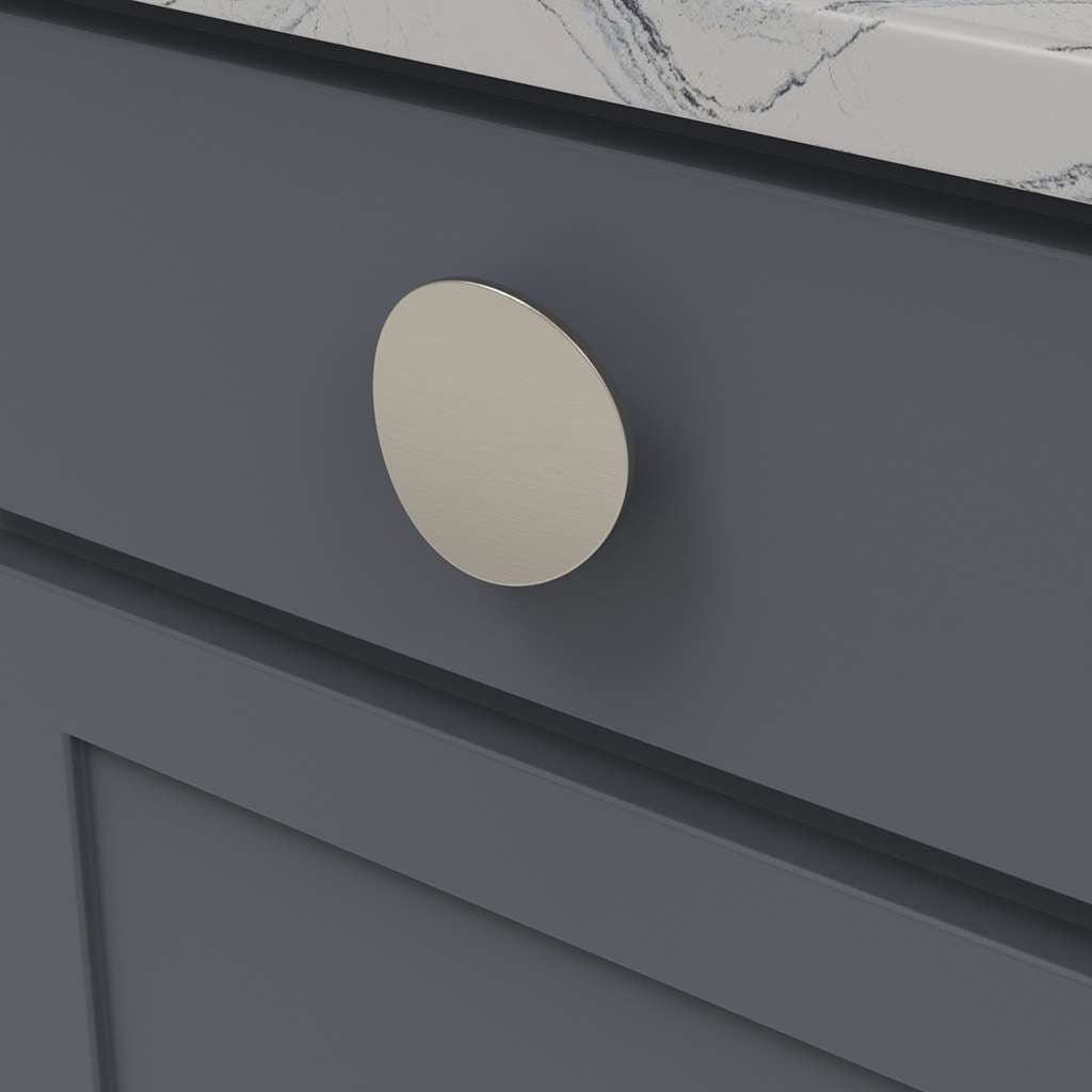 BELWITH-KEELER Vale Round Cabinet Knob in Satin Nickel 3" Diameter B076527-SN Mounted