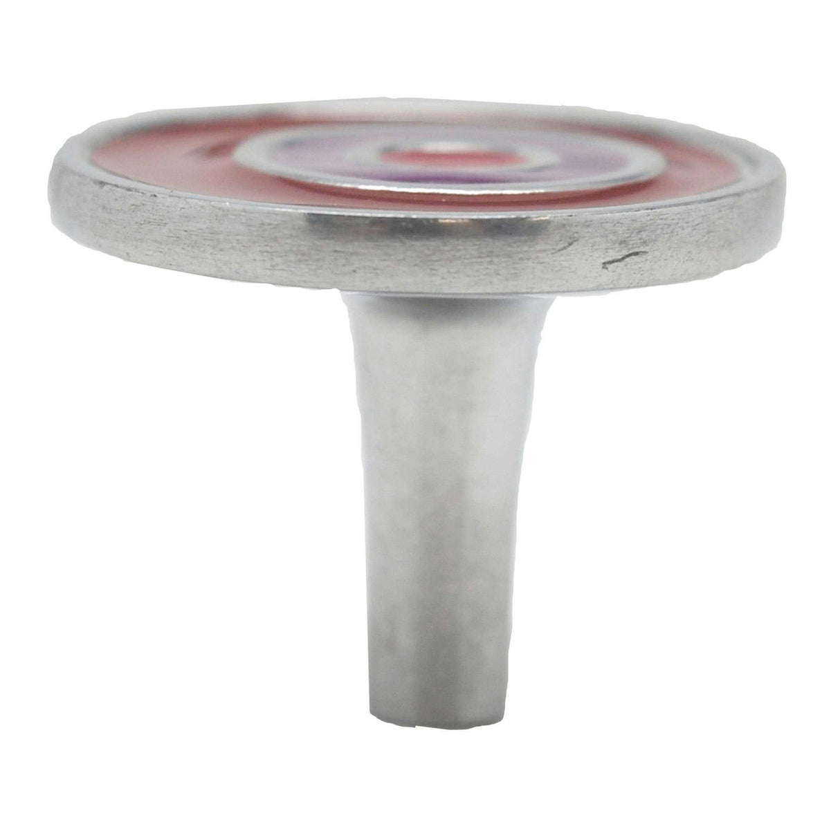 Side View of a Cranberry & Satin Nickel 1-5/8" Round Retro Cabinet Knob from Carol Beach Knobs Fiesta Collection Part Number 1661