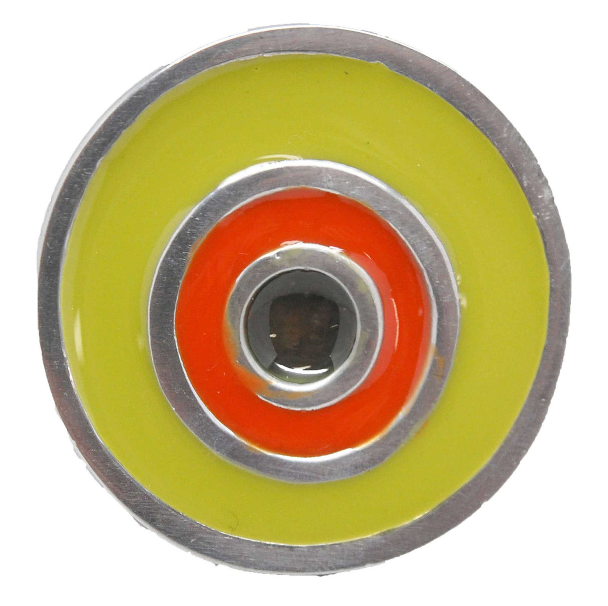 Top View of a Dark Olive and Satin Nickel 1-5/8" Round Retro Cabinet Knob from Carol Beach Knobs Fiesta Collection Part Number 1784