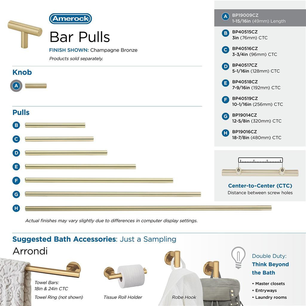 AMEROCK Bar Pulls 1-15/16" Length Cabinet T-Knob in Champagne Bronze BP19009CZ