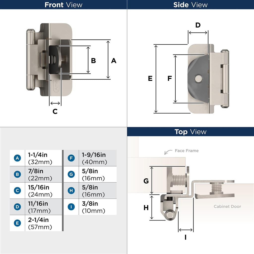 AMEROCK Double Demountable 3/8" Inset Cabinet Hinge (pair) in Satin Nickel BPR8700G10 Specs