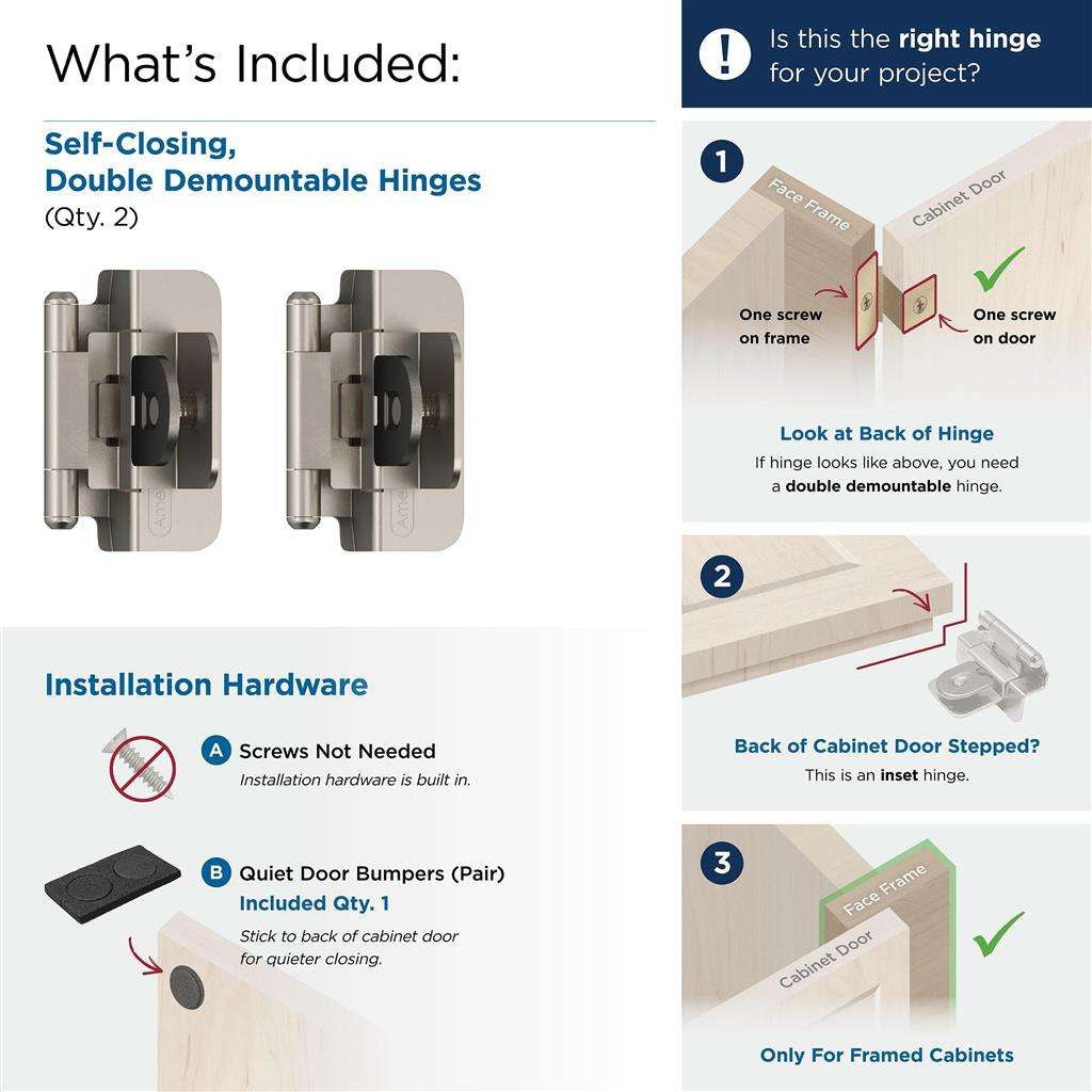 AMEROCK Double Demountable 3/8" Inset Cabinet Hinge (pair) in Satin Nickel BPR8700G10 What's Included