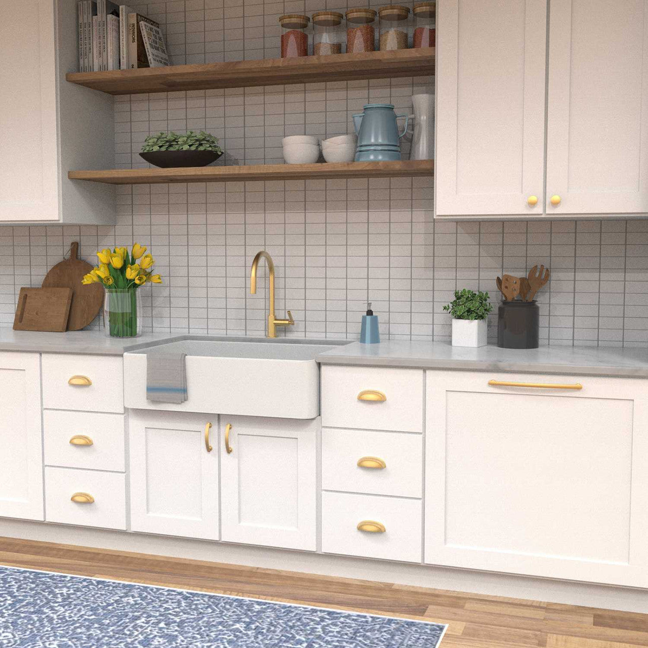 Kitchen View of a Brushed Golden Brass Round Cabinet Knob from Hickory Hardware's American Diner Collection