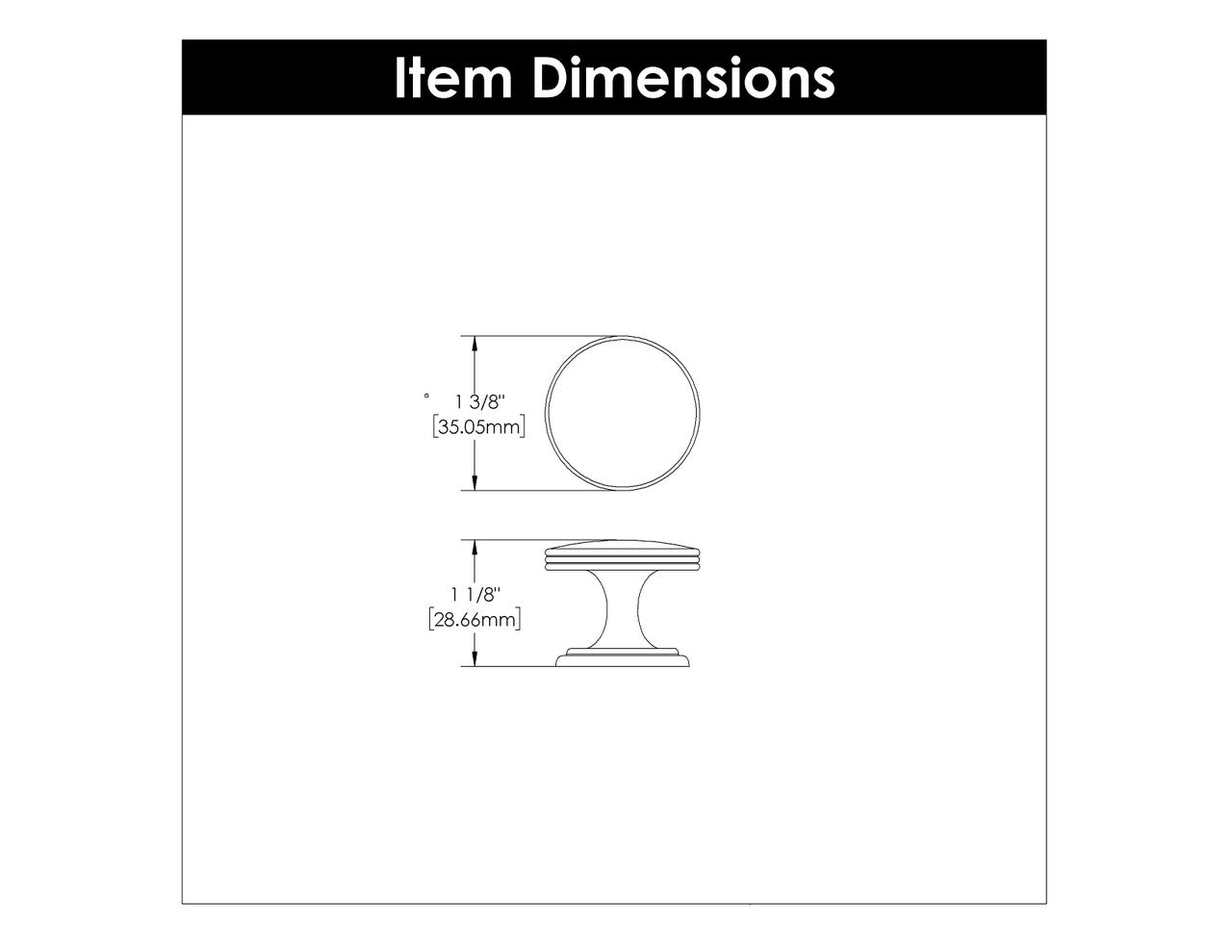 Dimensions of a Matte Black 1-3/8" Round Cabinet Knob from Hickory Hardware's American Diner Collection P2142MB