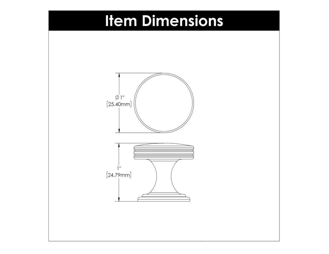 Dimensions of a Matte Black 1" Round Cabinet Knob from Hickory Hardware's American Diner Collection P2140MB