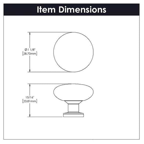 Dimensions of a Matte Black 1-1/8" Mushroom Cabinet Knob from Hickory Hardware Heritage Designs R077753MBX