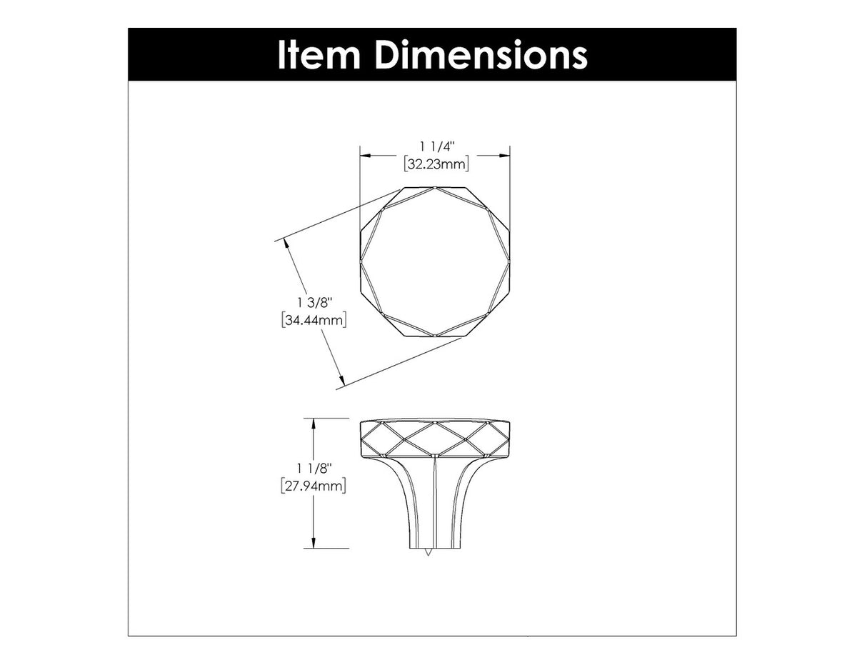 Dimensions of a Satin Nickel 1-1/4" Geometric Cabinet Knob from Hickory Hardware's Karat Collection H077839-SN