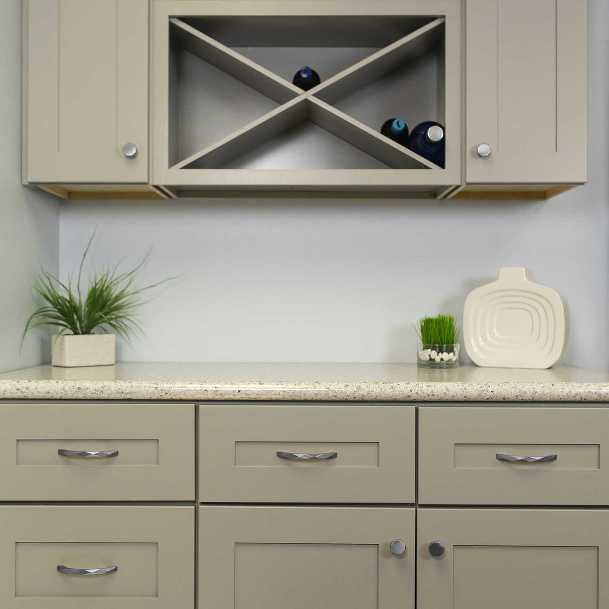 Cabinetry View of a Satin Nickel 1-1/4" Geometric Cabinet Knob from Hickory Hardware's Karat Collection H077839-SN