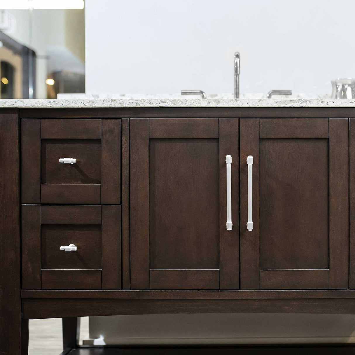 Vanity View of a Chrome 1-5/8" Knob Bar Cabinet Pull from Hickory Hardware's Piper Collection H077850-CH